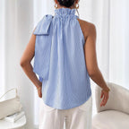 Women's Sleeveless Striped Stand Collar Lace Up Ruffled Bow Bandage Vest Women Top