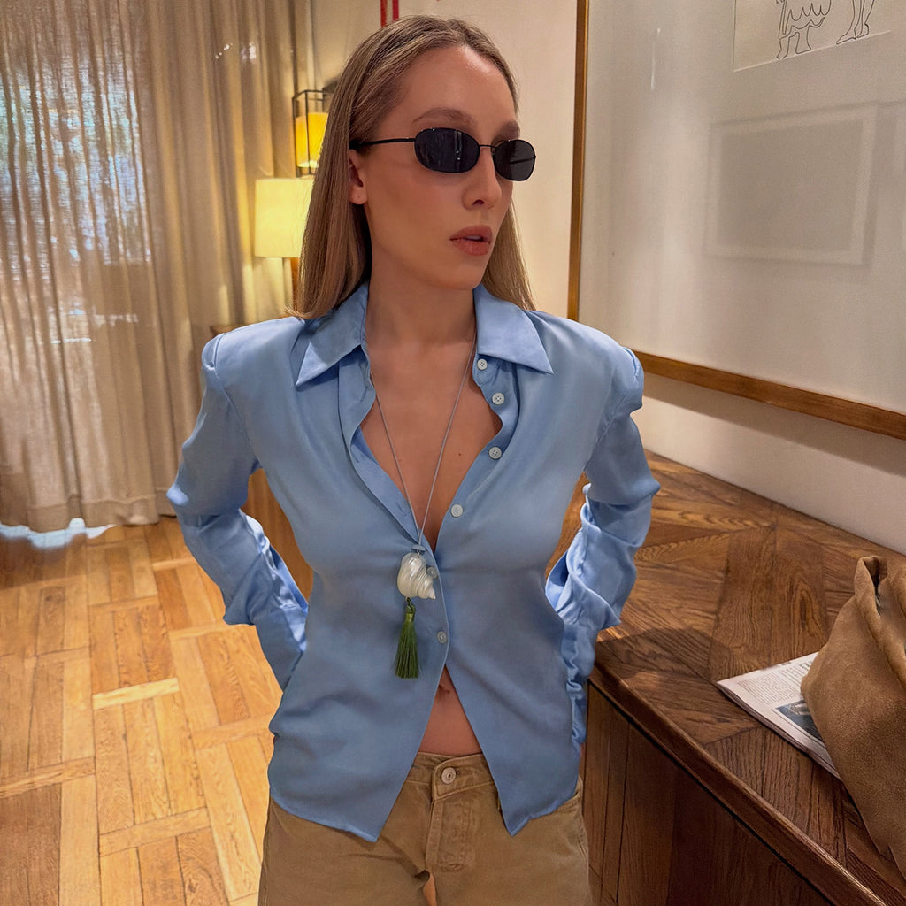 Office Graceful Fashionable Satin Long Sleeve Turn down Collar Blue Top Lightly Mature Elegant Casual Lazy Sense Shirt