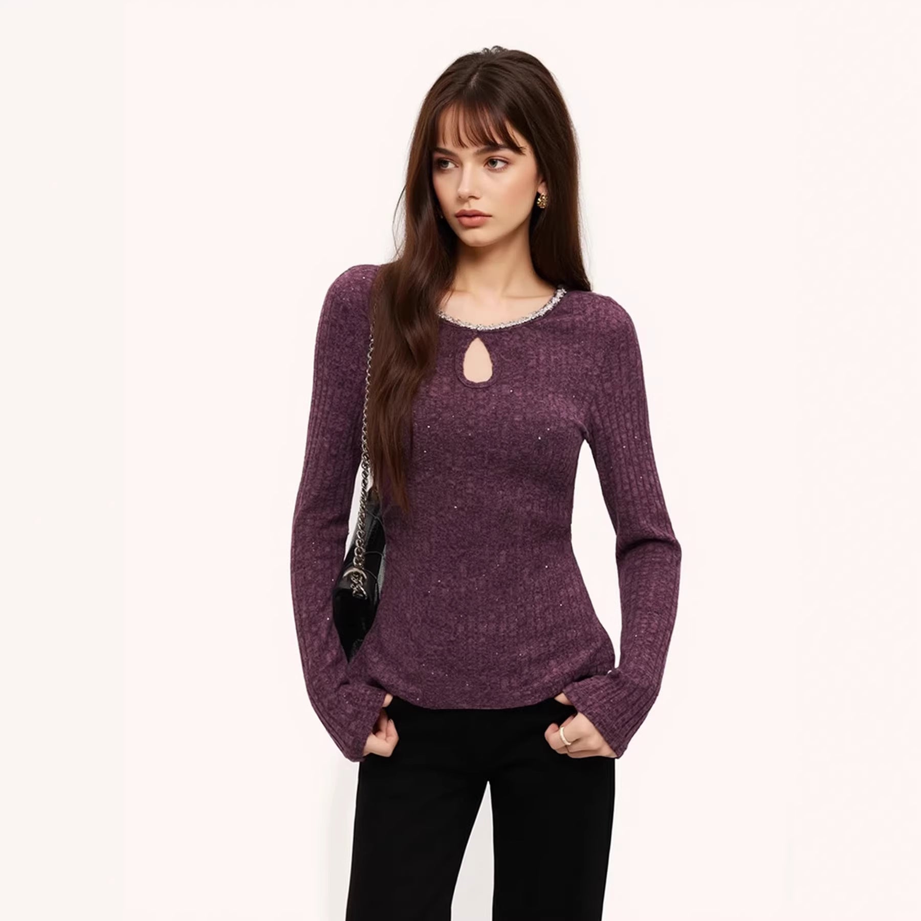 Women's Purple Rhinestone Long Sleeve Top