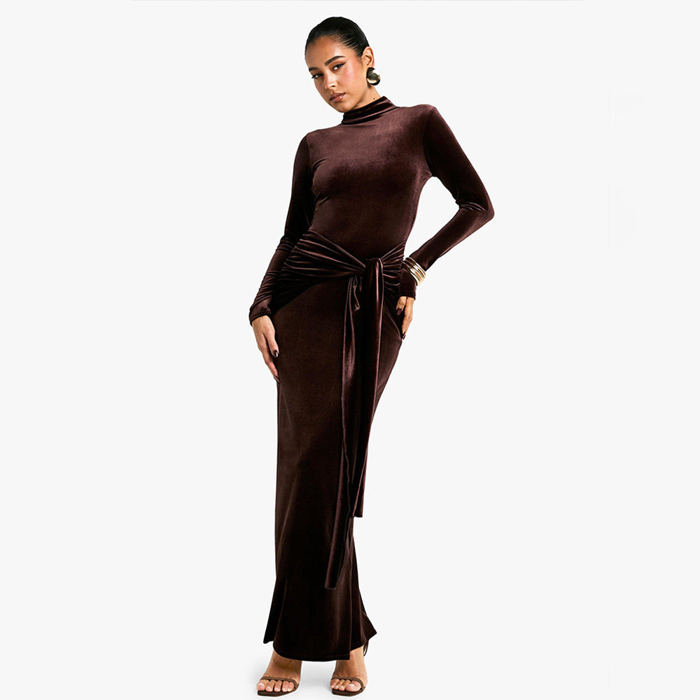 Women's High-Neck Velvet Ruched Long-Sleeve Maxi Dress