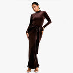 Women's High-Neck Velvet Ruched Long-Sleeve Maxi Dress