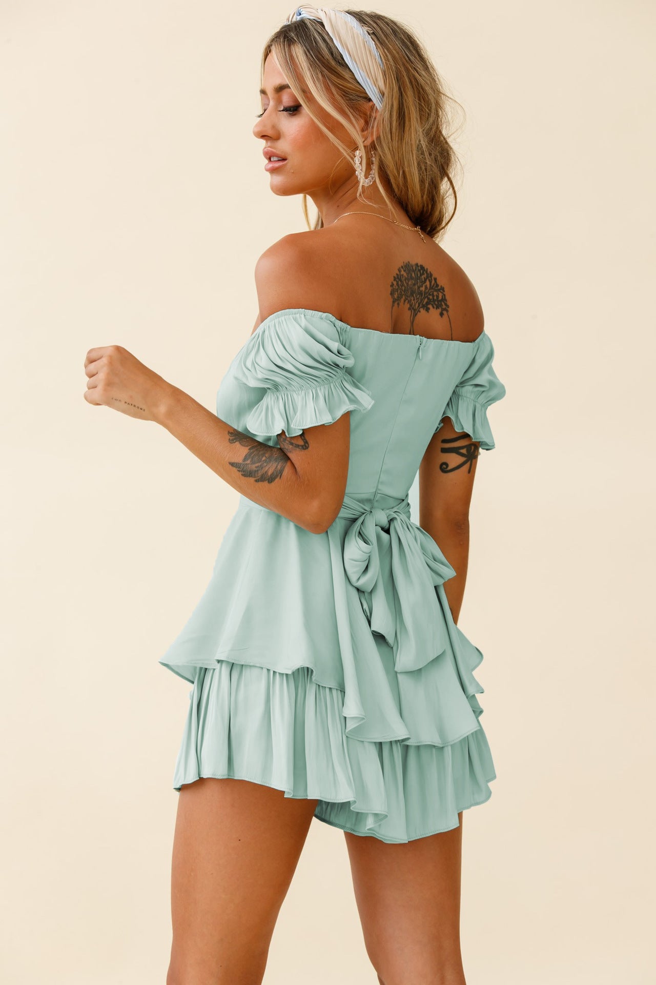 Women's Off-Shoulder Ruffle Puff-Sleeve Romper