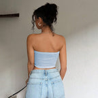 Women's Women’s Blue And White Striped Strapless Crop Top