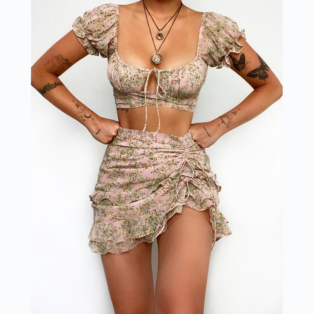Women's Floral U Neck Lace up Two-Piece Set