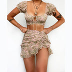 Women's Floral U Neck Lace up Two-Piece Set