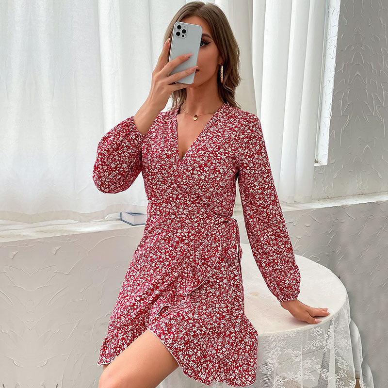 Women's Floral V-Neck Long-Sleeve Dress