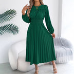 Women's Spring Summer Elegant Wooden Ear Long Sleeved Waist Pleated Dress