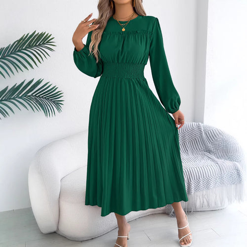 Women Clothing Spring Summer Elegant Wooden Ear Long Sleeved Waist Pleated Dress