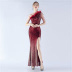 Women's Gradient Sequin Beaded Ostrich Feather Diagonal-Collar One-Shoulder Dress