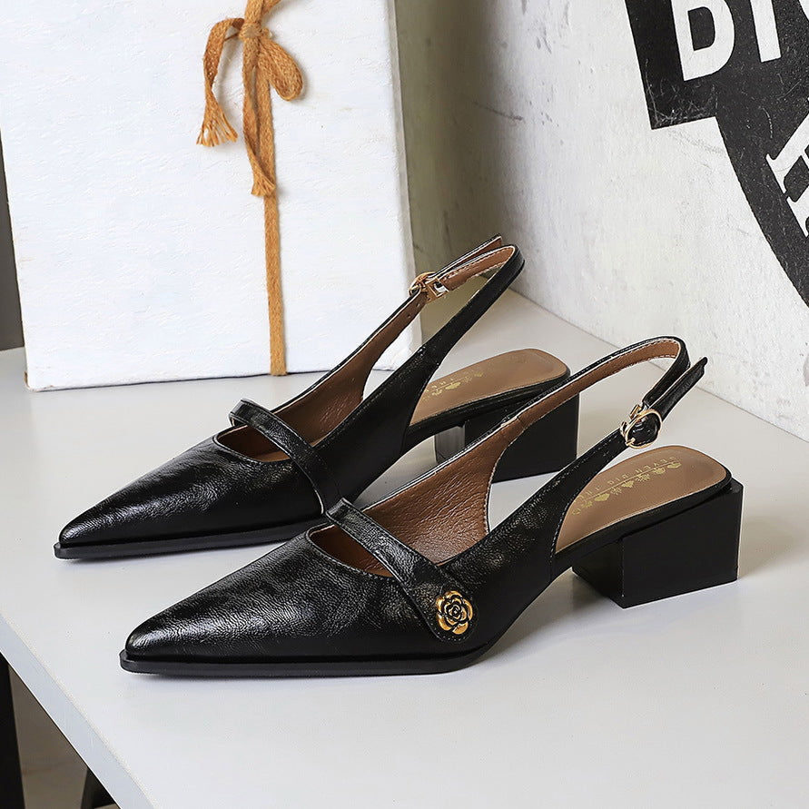 Women's Retro Brown Camellia Pumps Word With Chunky Heel Low Heel Back Empty Back