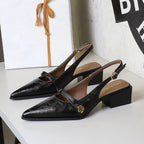 Women's Retro Brown Camellia Pumps Word With Chunky Heel Low Heel Back Empty Back