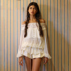 Women's Off-Shoulder Pleated Long-Sleeve Top