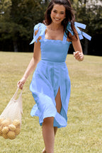 Women Clothing Mid Length Solid Color Strap Dress Spring Summer High Split Women