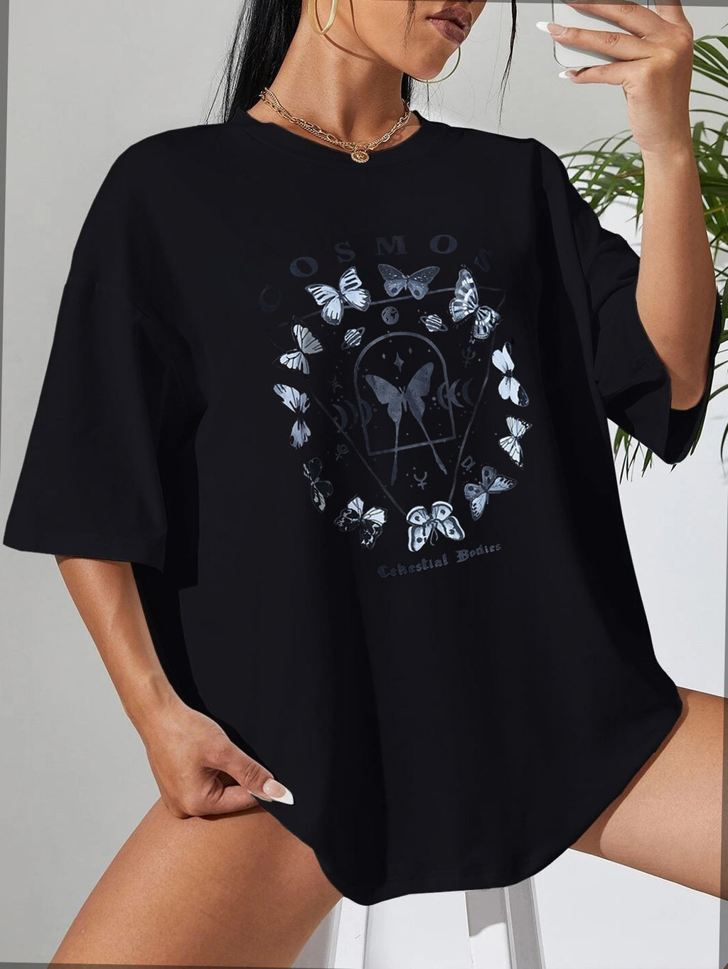 Women's Casual Black T Shirt Simple Round Neck Short Sleeve Women Top Loose Butterfly Print