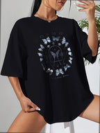 Women's Casual Black T Shirt Simple Round Neck Short Sleeve Women Top Loose Butterfly Print