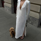 Cotton V Neck Long Sleeve Side Slit