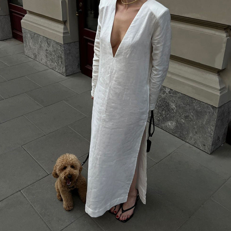 Cotton V Neck Long Sleeve Side Slit