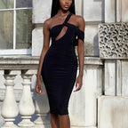 Spring Summer Sheath Dress Solid Color Cutout Diagonal Collar Elegant