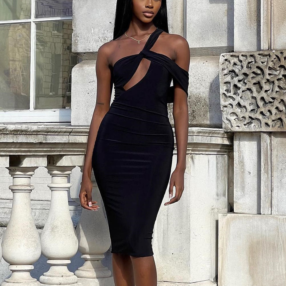 Spring Summer Sheath Dress Solid Color Cutout Diagonal Collar Elegant