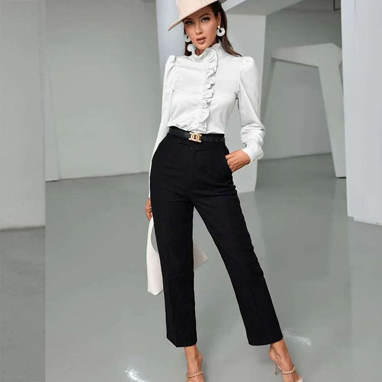Women's Satin Ruffle Stand-Collar Blouse