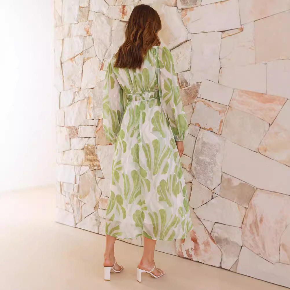 Chiffon Printed Long Sleeve Long V-Neck Tulle Floral Long Dress