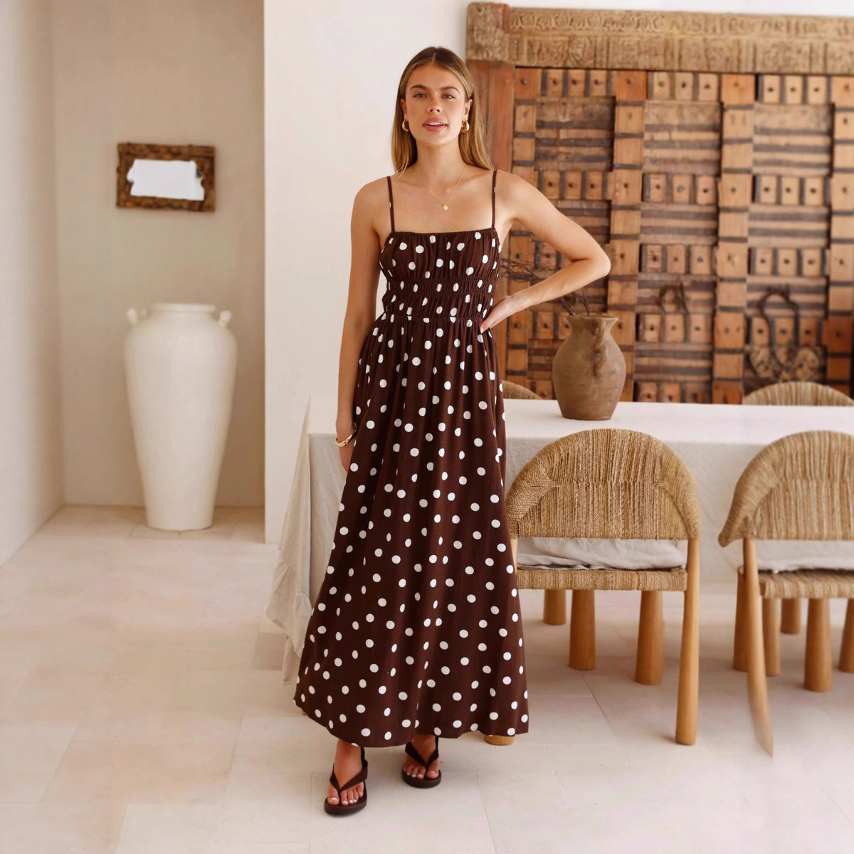 Women's Spring Summer Polka Dot Printed Waist Controlled Large Swing French Vacation Maxi Dress