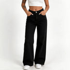 High Waist Simple Washed Black Women Wide Leg Jeans