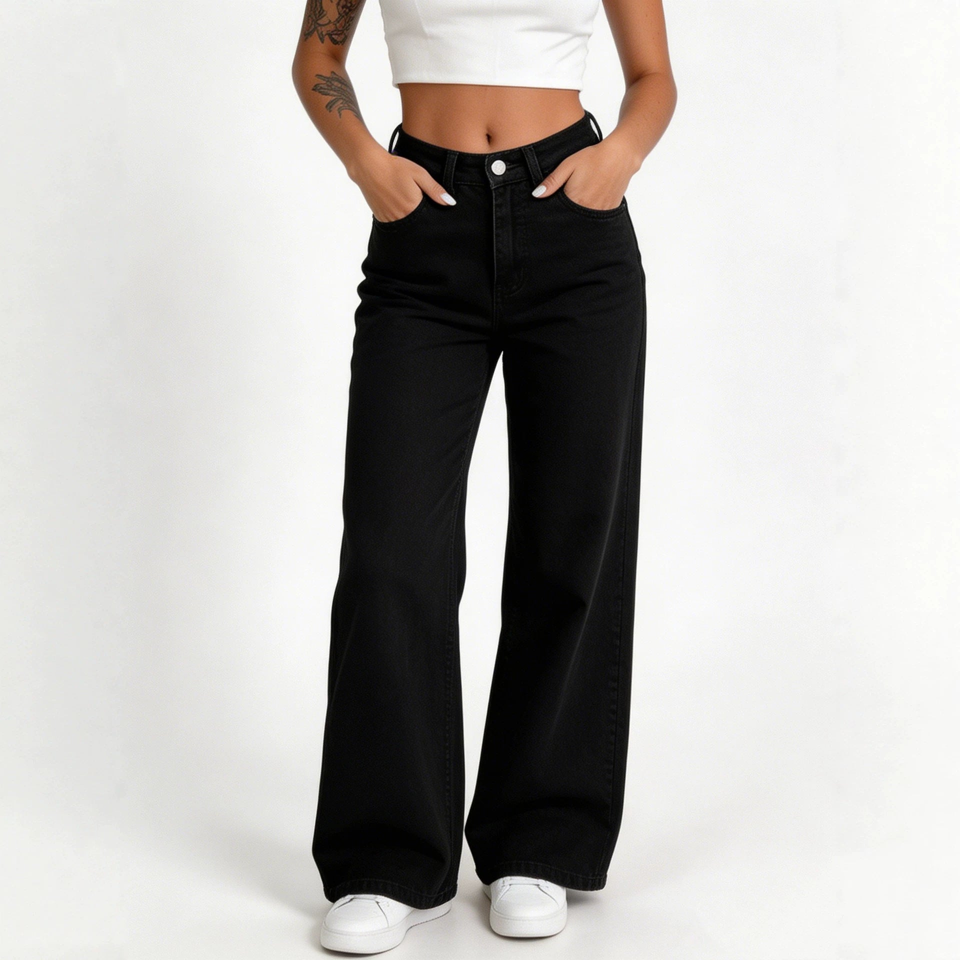 High Waist Simple Washed Black Women Wide Leg Jeans