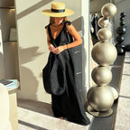 Women's V-Neck Faux-Linen Tie Sleeveless Maxi Dress