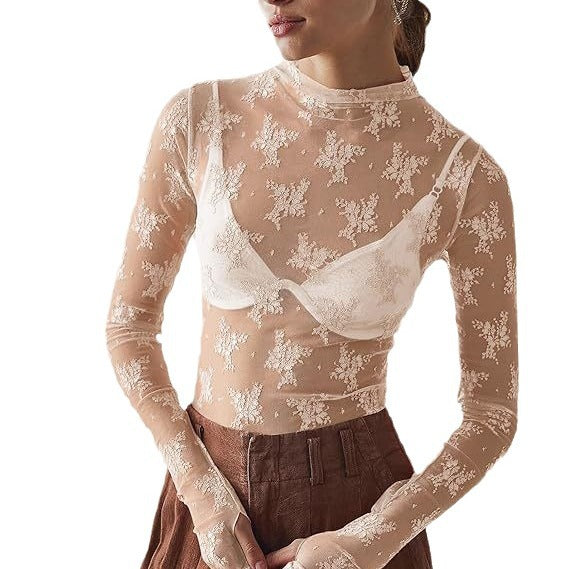 Women's Sheer Lace Mock Neck Long Sleeve Top