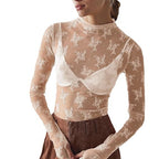 Women's Sheer Lace Mock Neck Long Sleeve Top