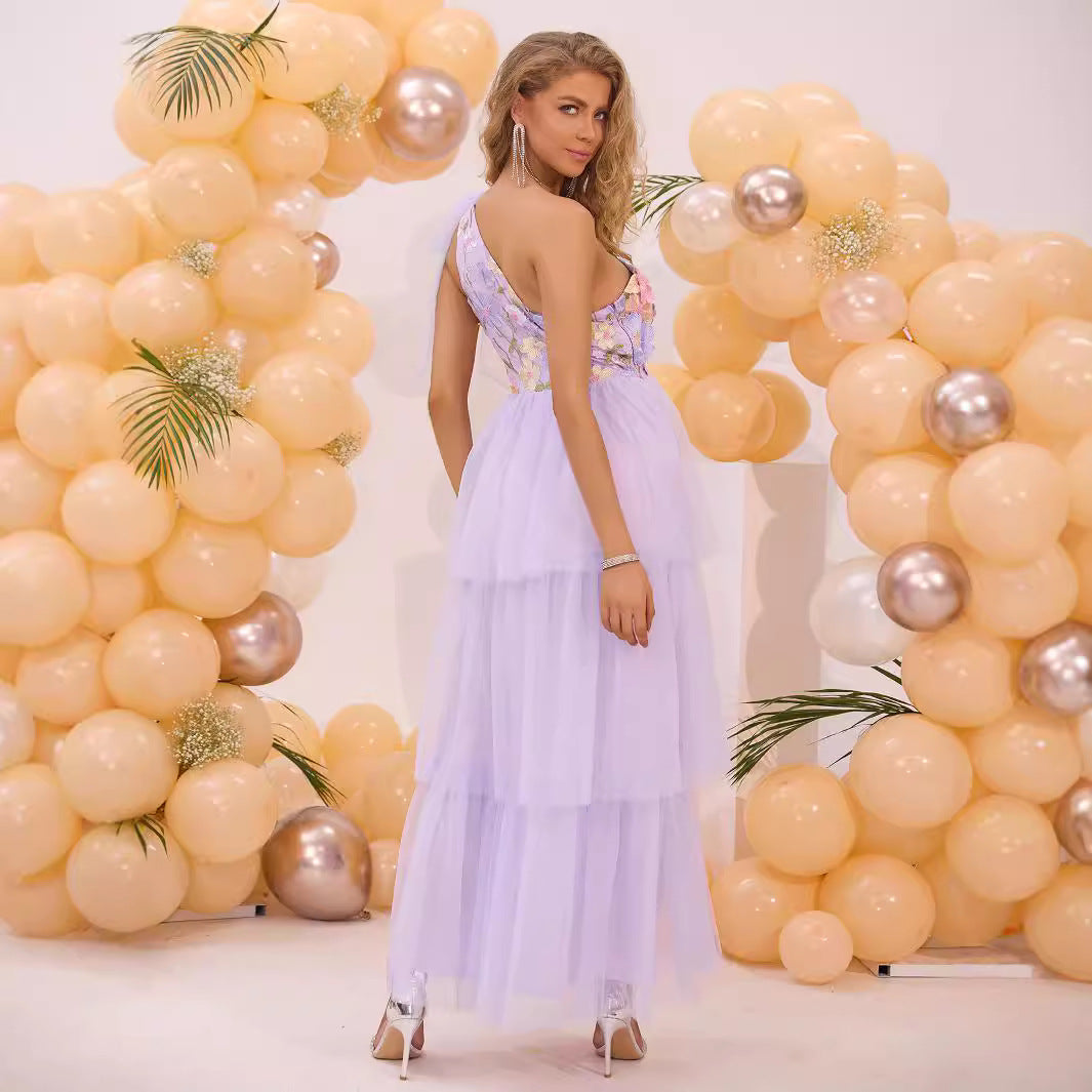 Women's Lavender Floral One-Shoulder Tulle Dress