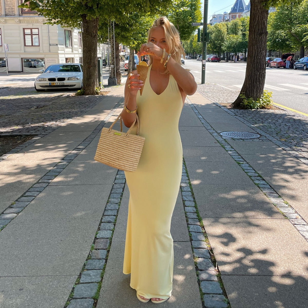 V-Neck Halter Backless High Waist Solid Color Dress