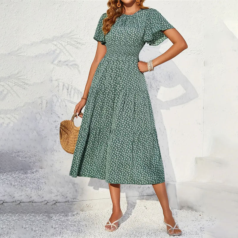 Women's Ruffle Sleeve Long Floral Dress Spring Summer High Grade Smocking