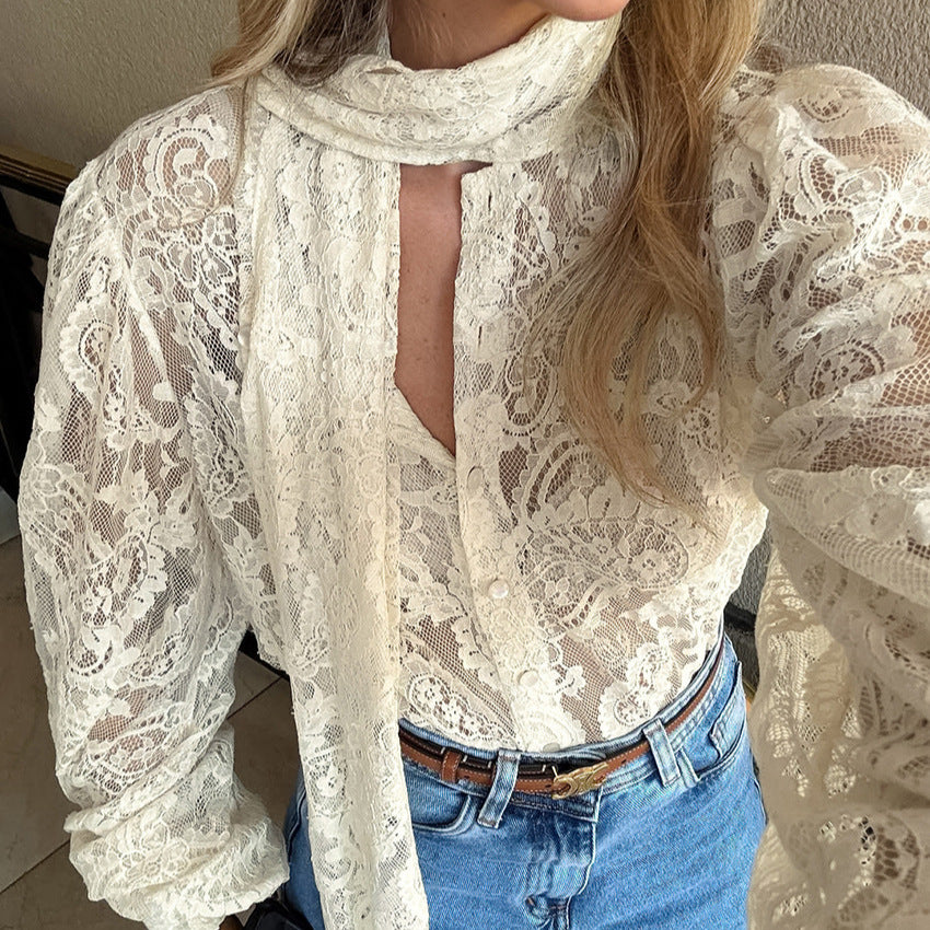 Women's Spring Sexy French Elegant Ribbon See Through Apricot Lace Hollow Out Cutout Out Office Long Sleeve Shirt For Women