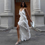 Women's Ruffled Cami Asymmetric Slit Maxi Dress