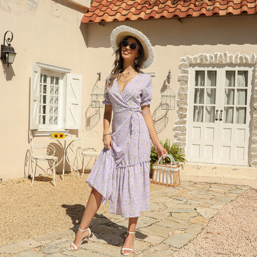 Women's Summer Sexy V Neck Chiffon Printed Dress Bohemian Beach Dress