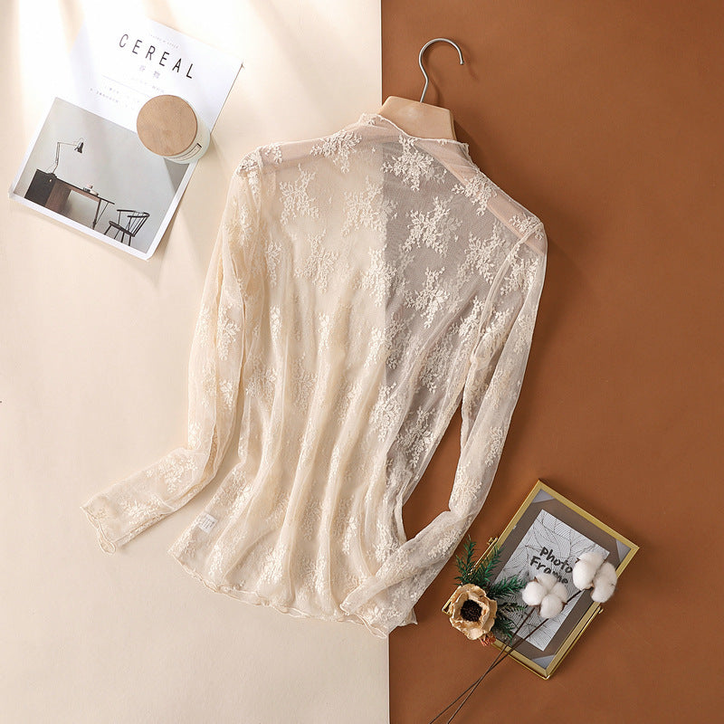Spring Autumn High End Lace Bottoming Shirt Women Popular Tight Long Sleeve Mesh Top Sexy Inner Wear Small Shirt
