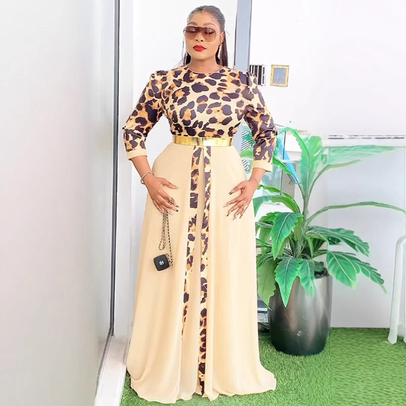 Office Waist Tight Leopard Splicing Chiffon Multi Layer Swing Dress