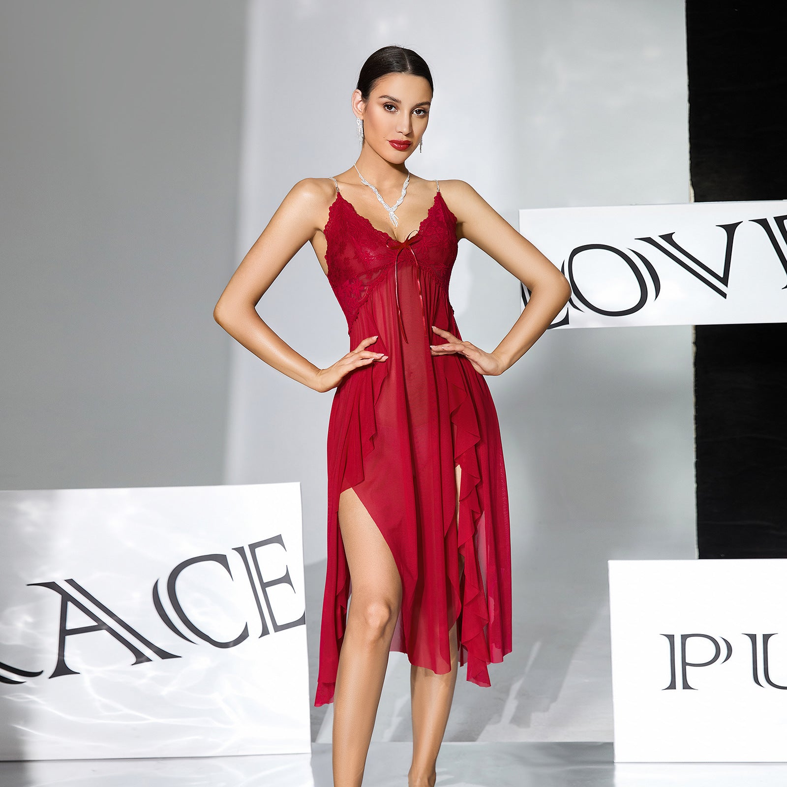 Women's Lace See-Through Deep V Nightdress