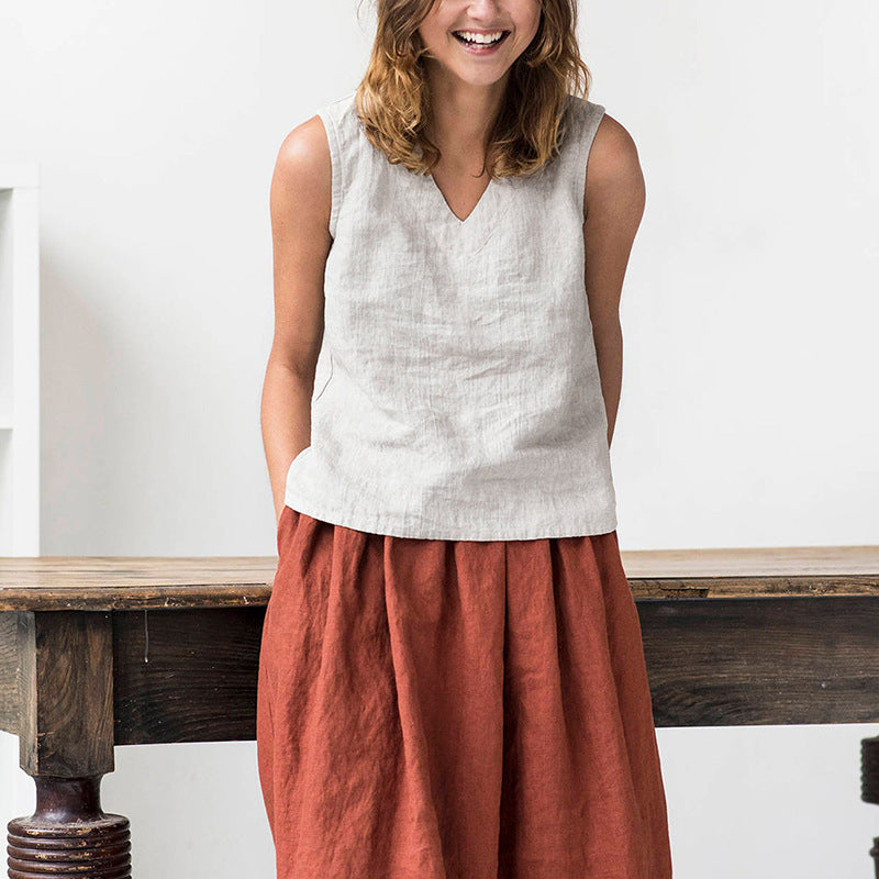 Women's Pure Linen V-Neck Sleeveless Top