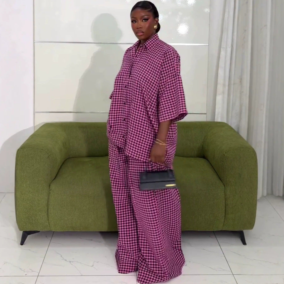 Plaid Polo Shirt and Wide-Leg Trousers Set