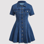 Collared Short-Sleeve Cinched-Waist Denim Shirt Dress