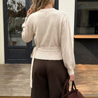 Autumn Winter Knitted Top Irregular Asymmetric Short V neck Lace up Waist Controlled Long Sleeve Sweater for Women