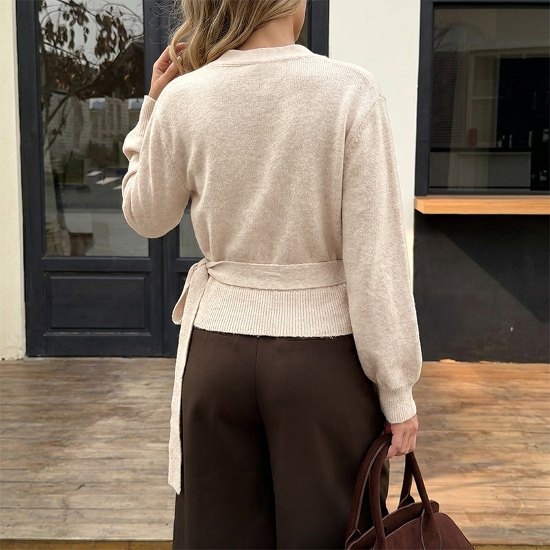 Autumn Winter Knitted Top Irregular Asymmetric Short V neck Lace up Waist Controlled Long Sleeve Sweater for Women