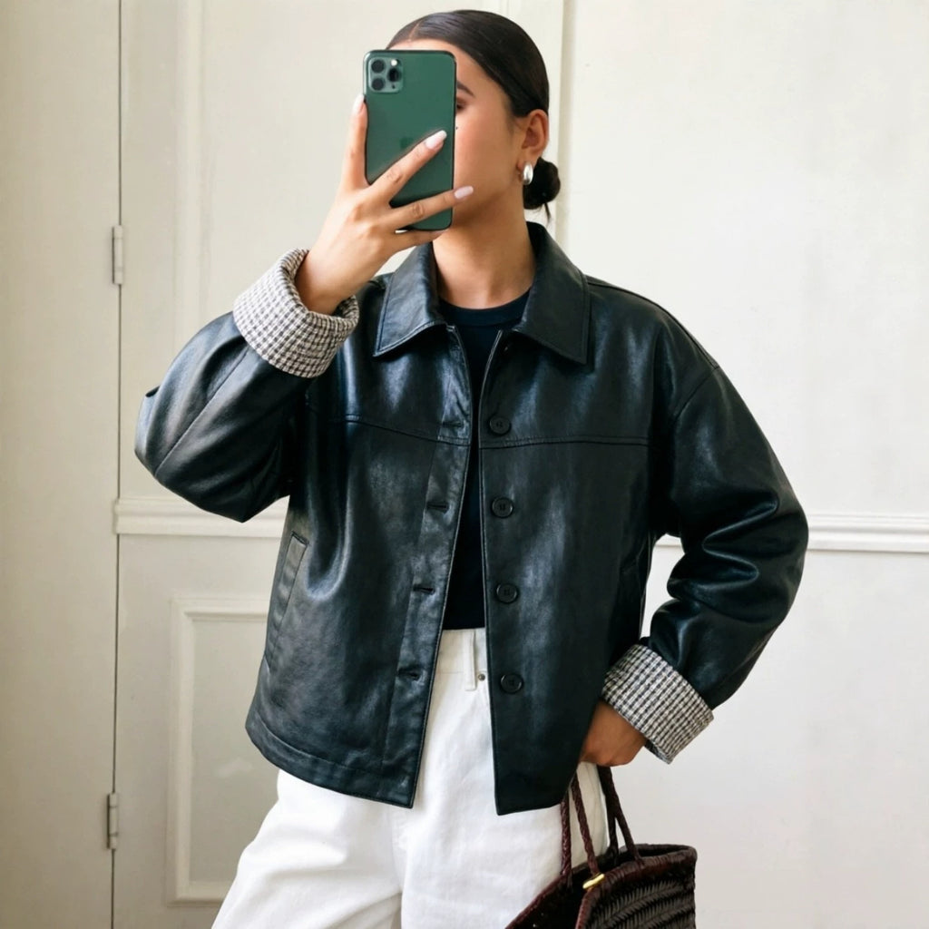 Faux Leather Plaid-Sleeve Motorcycle Jacket