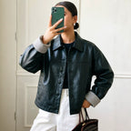 Faux Leather Plaid-Sleeve Motorcycle Jacket