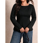 Plus Size Black Shirt Neck Back Bandage Hollow Out Cutout Slim Fit