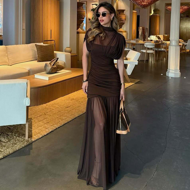 Tight Waist Close Fitting Stitching Gauzy Package Hip Maxi Dress For