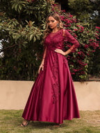 Women's Crew-Neck Lace Long-Sleeve Evening Dress